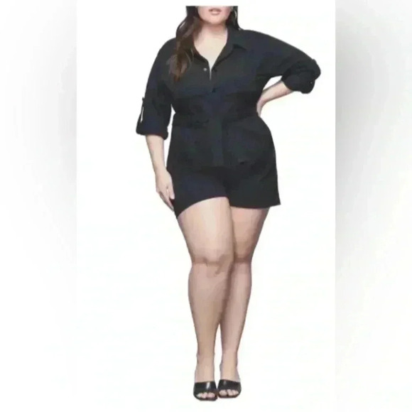 New $149 GOOD AMERICAN Black Roll Long Sleeve Belted Romper Sz 7 4XL Button